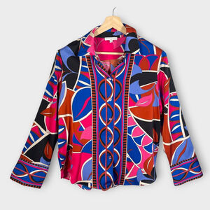 🦜 Maison D'Amelie Blouse Top LARGE Long Sleeve Boho Geometric Art to Wear EUC